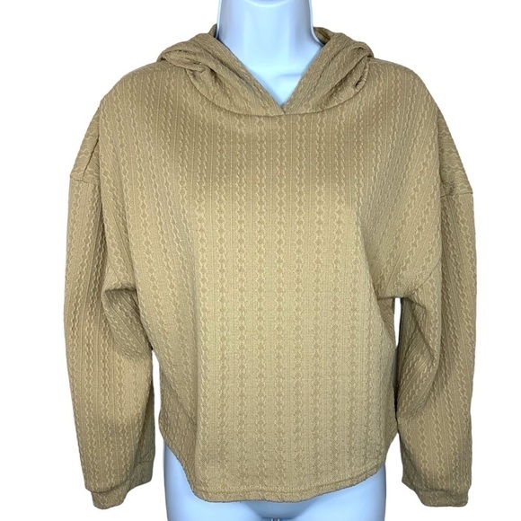one step up Tops - Beige Cable Knit Cropped Hoodie One Step Up Long Sleeve Stretch